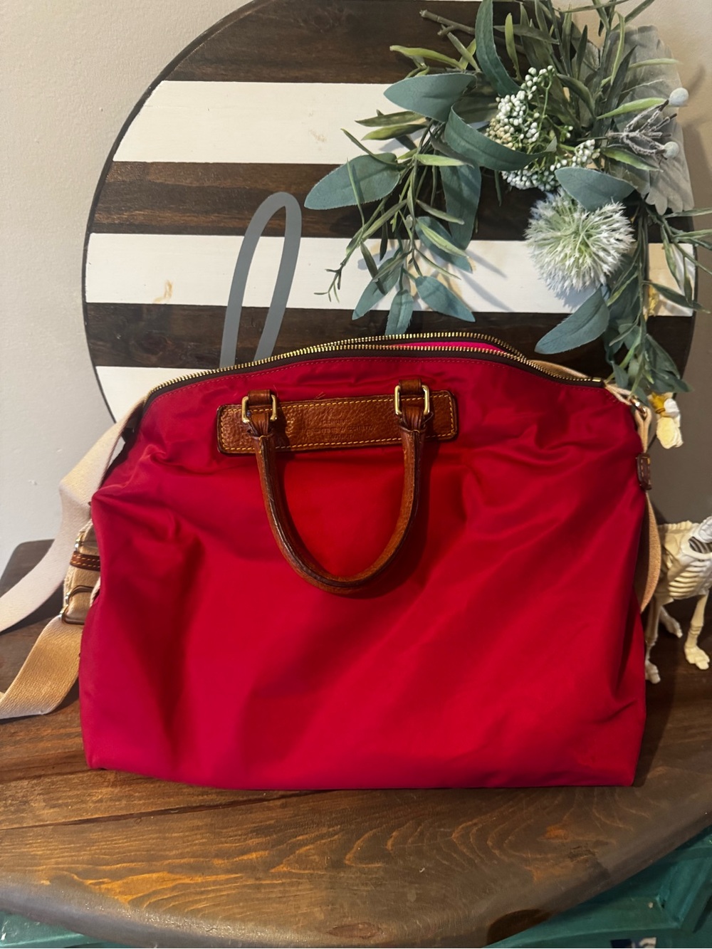 Dooney & Bourke Red Nylon Tote Bag with Brown Leather Trim - pink interior
